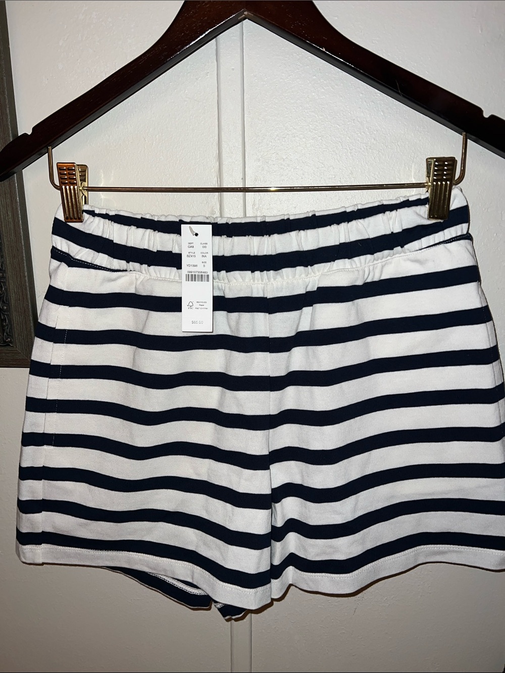 J Crew navy and white striped thick jersey shorts.